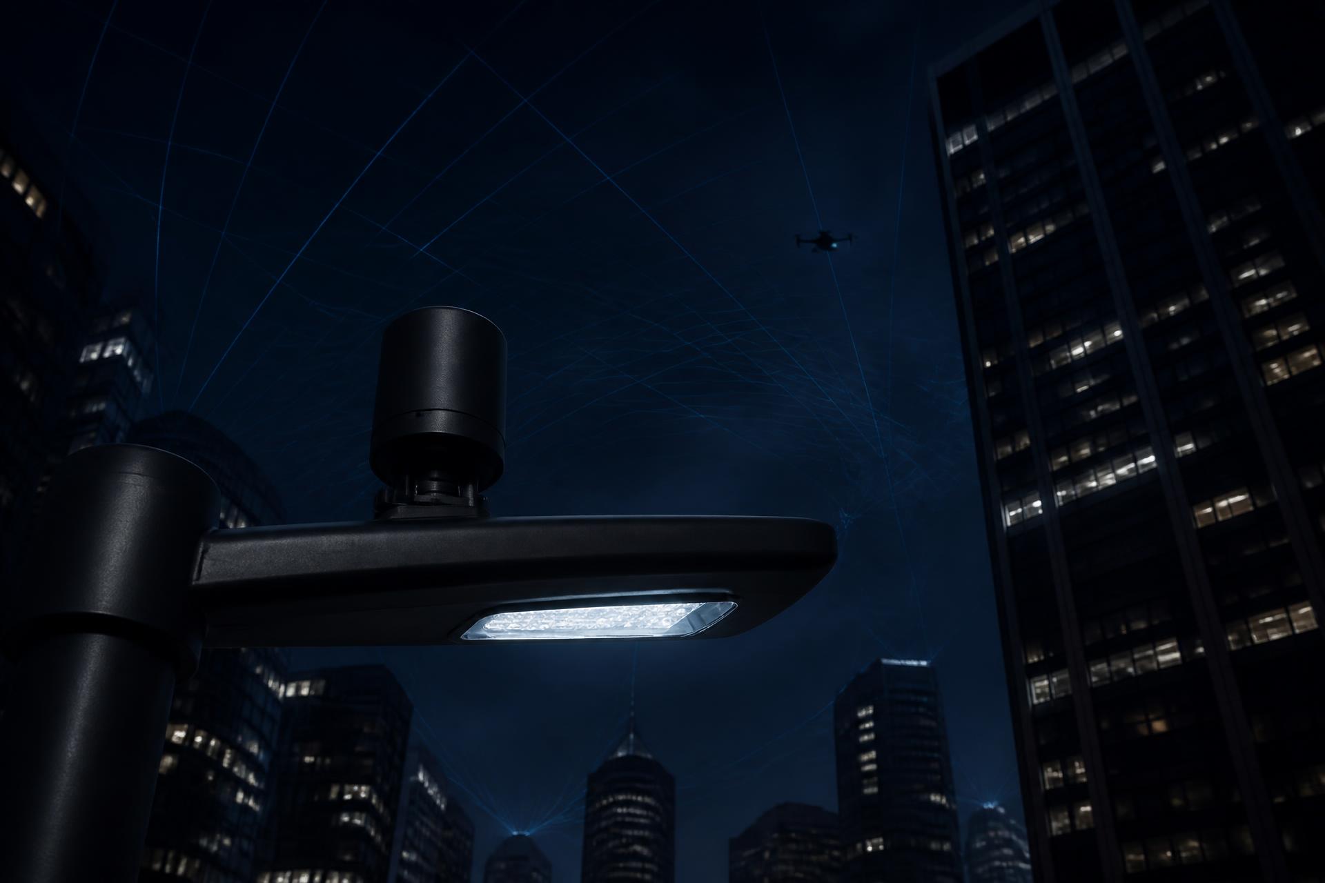 Streetlight-mounted drone detection sensor over a city at night